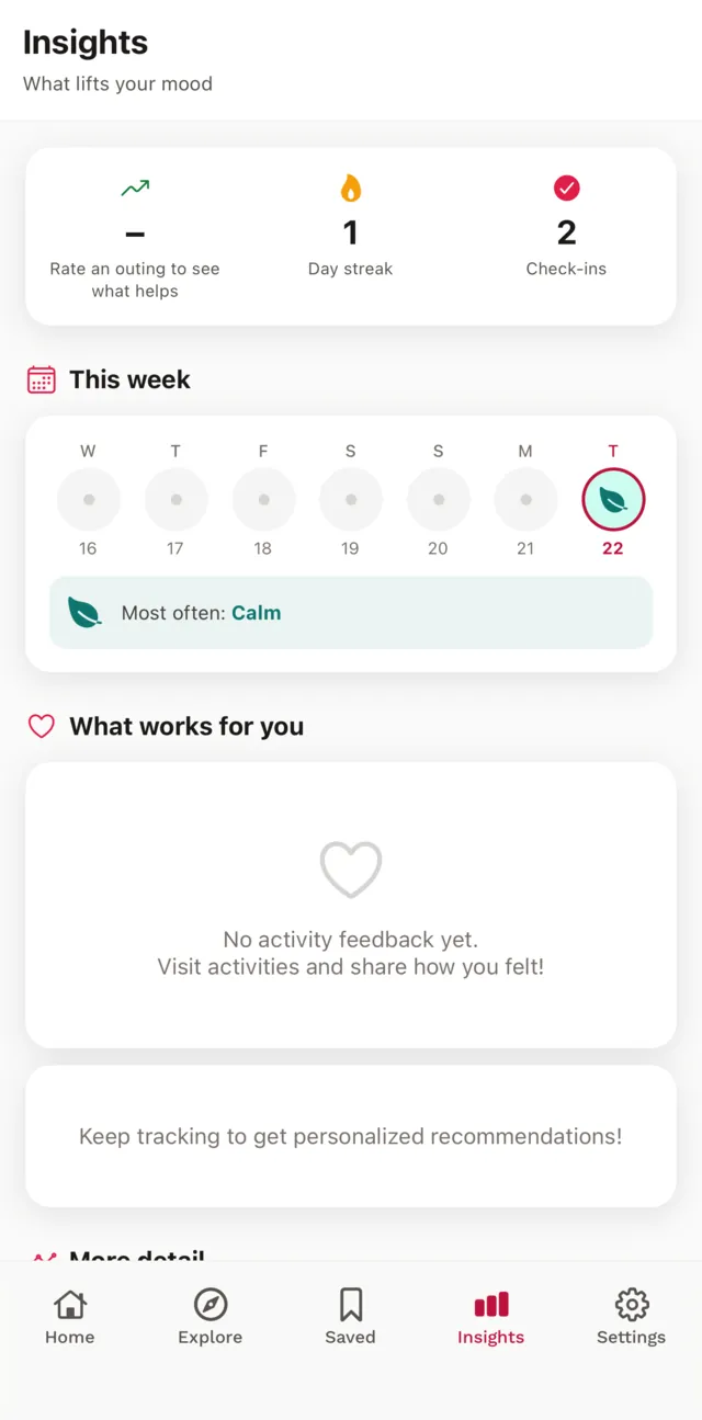 Insights screen showing a day streak, number of check-ins, and this week's check-ins with calm as the most frequent mood.