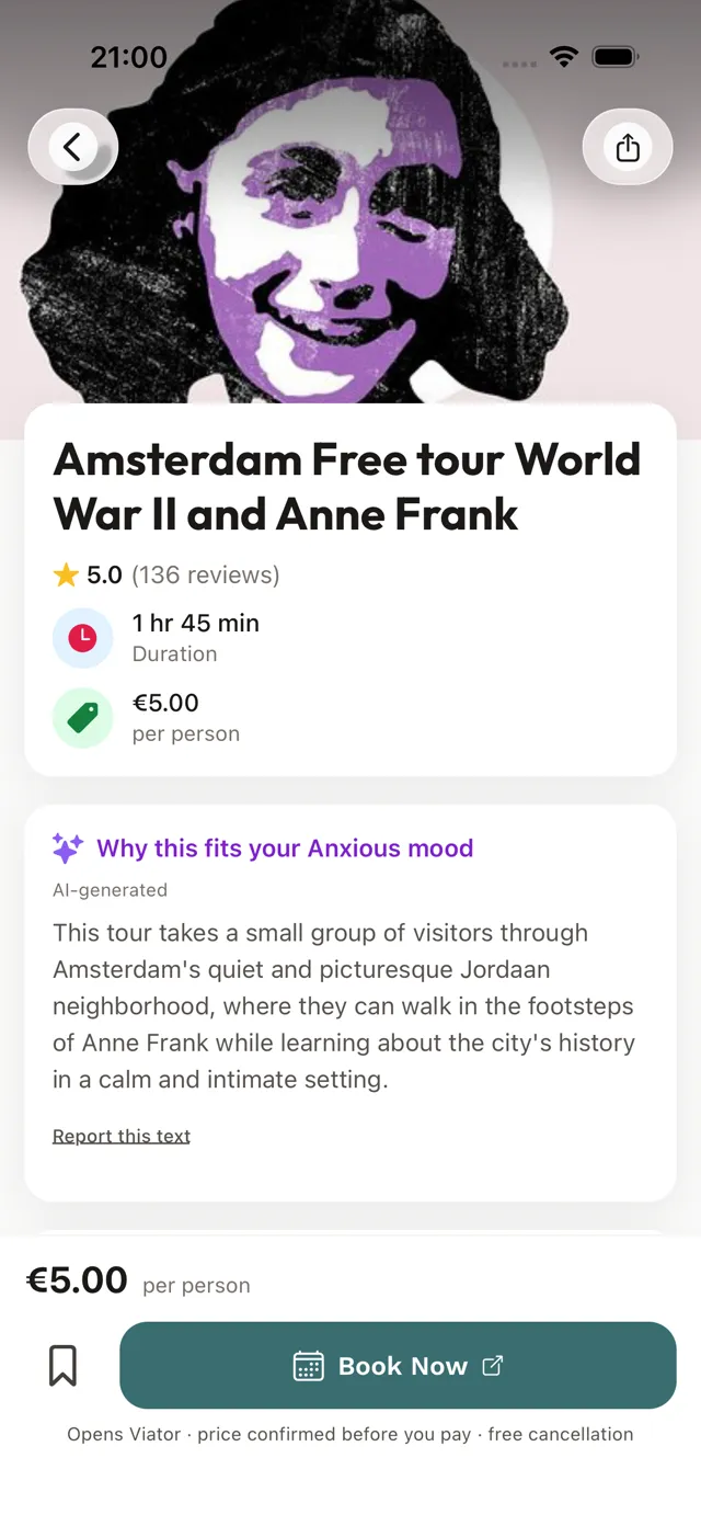 A suggestion's detail screen for an anxious mood, with the reason it fits and a way to go.