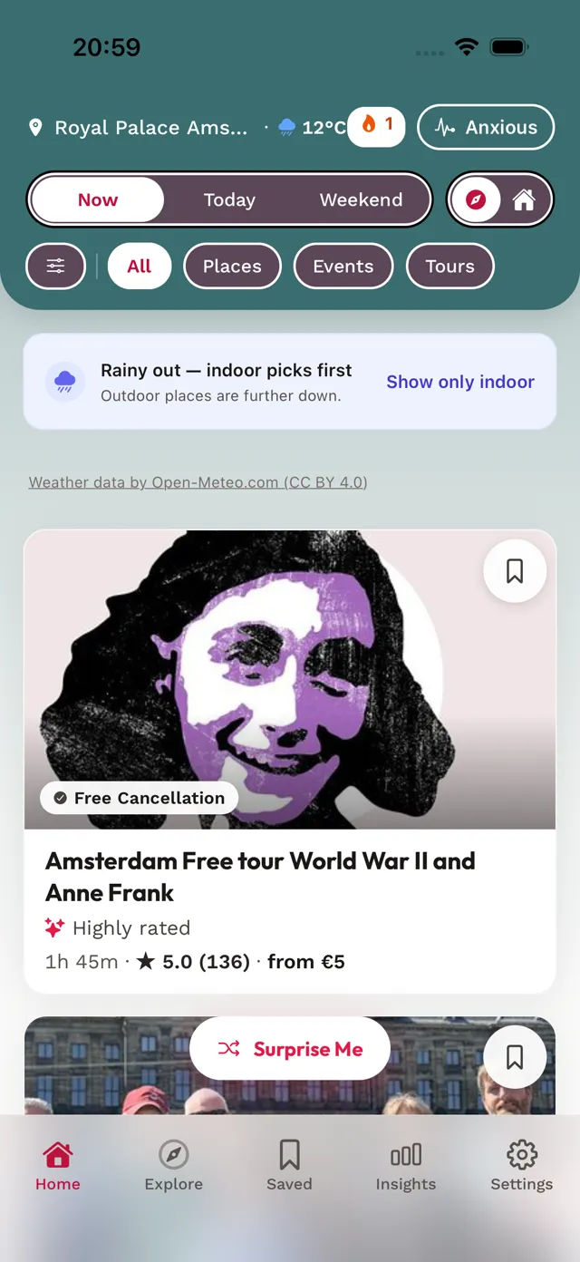 Prismay home screen for an anxious mood: suggestions near you with a short note on why each fits.
