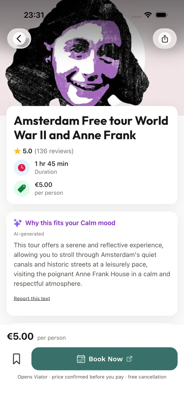 Tour detail in dark mode with duration, rating, price per person, a note on why it fits a calm mood, and a Book Now button that opens the provider.
