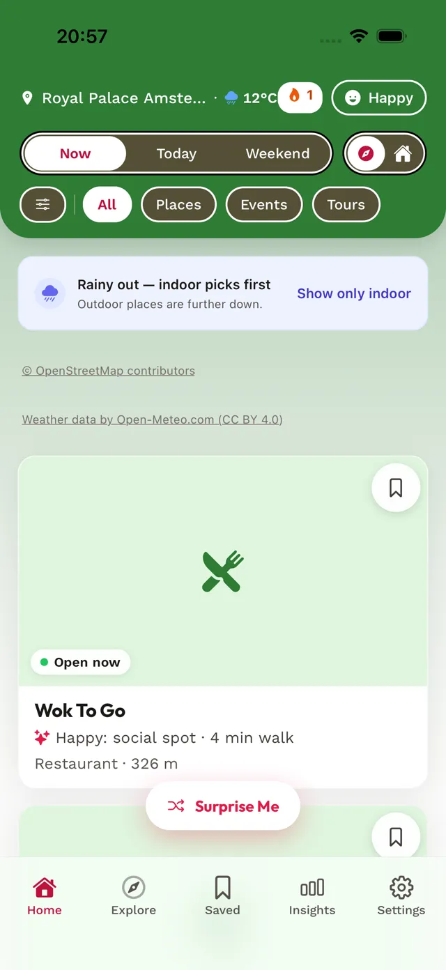 Prismay home screen for a happy mood: suggestions near you with a short note on why each fits.