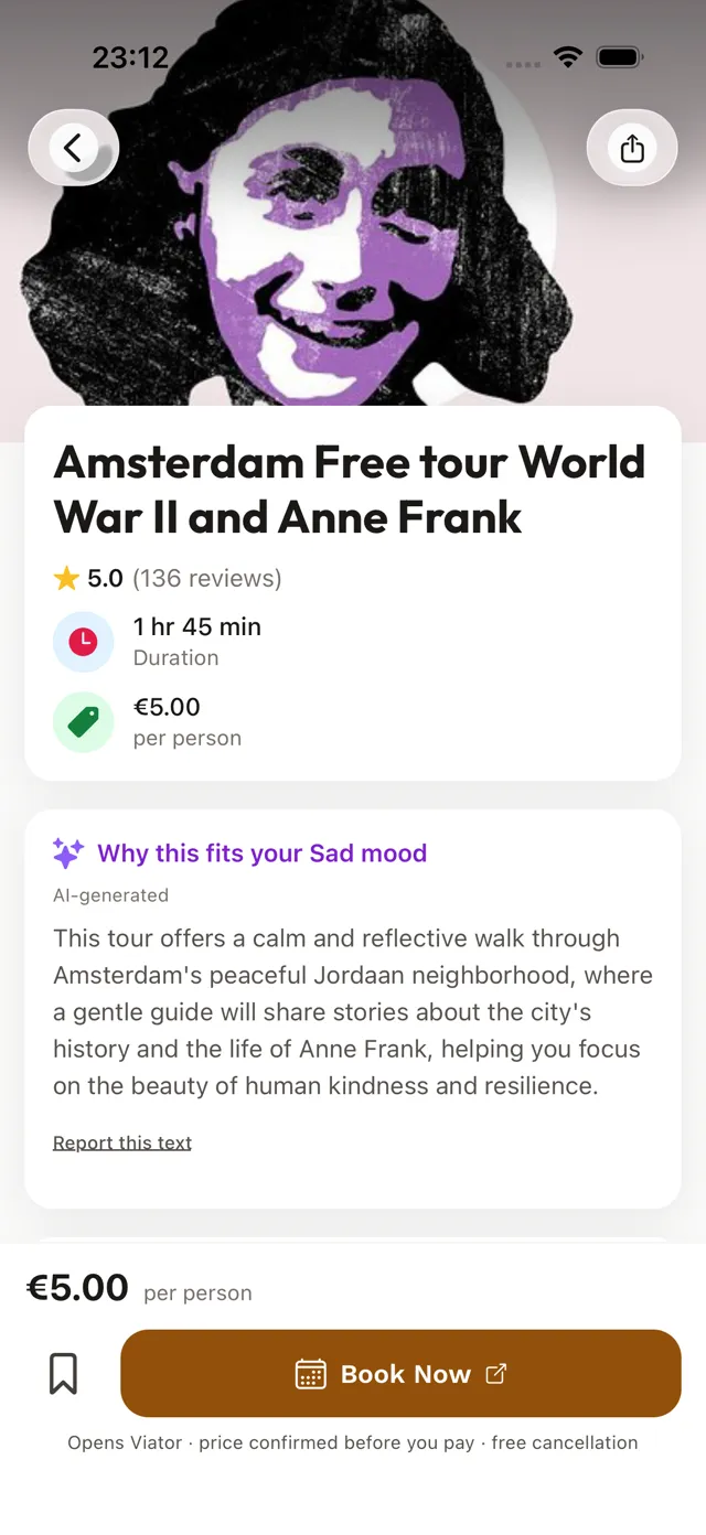 A suggestion's detail screen for a sad mood, with the reason it fits and a way to go.