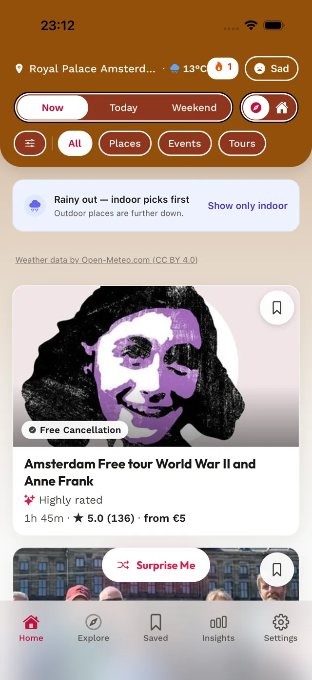 Prismay home screen for a sad mood: suggestions near you with a short note on why each fits.