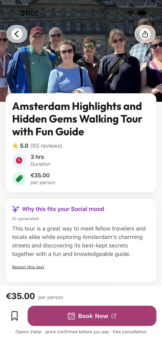 A suggestion's detail screen for a social mood, with the reason it fits and a way to go.