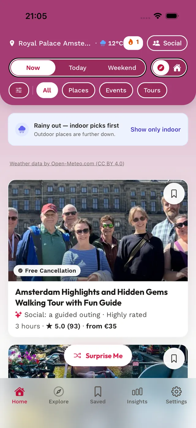 Prismay home screen for a social mood: suggestions near you with a short note on why each fits.