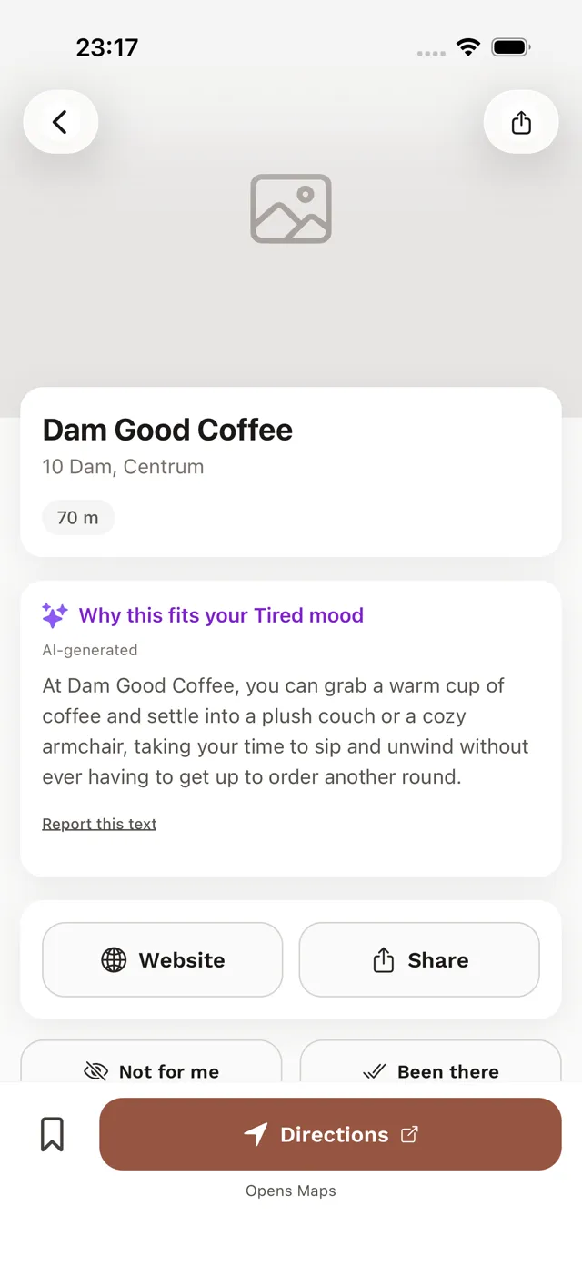 A suggestion's detail screen for a tired mood, with the reason it fits and a way to go.